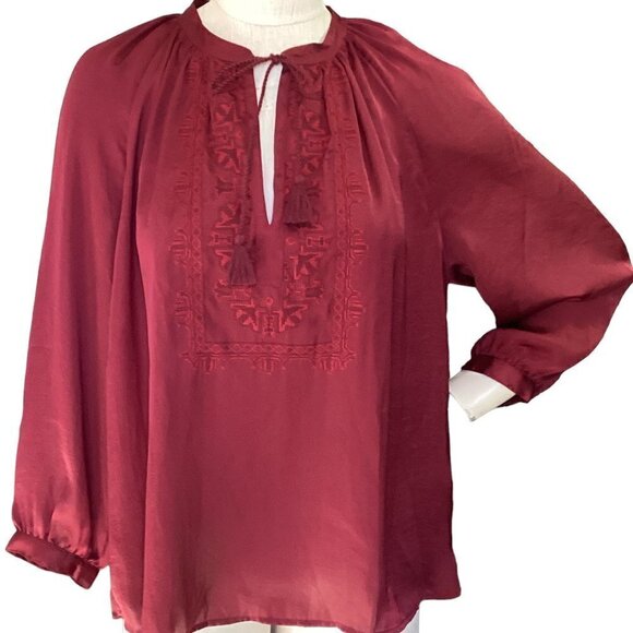 Lucky Brand Embroidered Tassel Tie Neck BOHO Peasant Top L Burgundy Red #224i - Picture 3 of 11